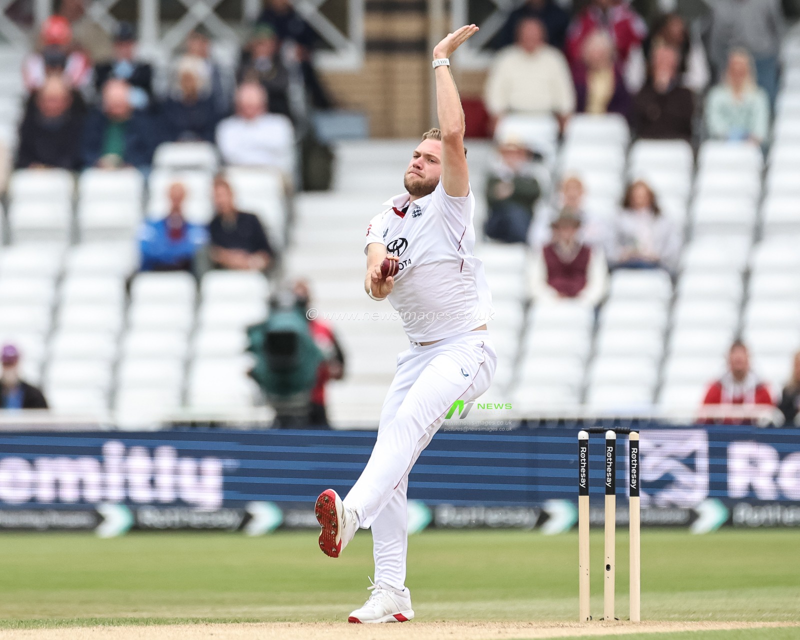 Sam Cook of England delivers the ball during the Rothesay Test Match Day 3 England vs Zimbabwe at Trent Bridge, Nottingham, United Kingdom, 24th May 2025

(Photo by Mark Cosgrove/News Images)