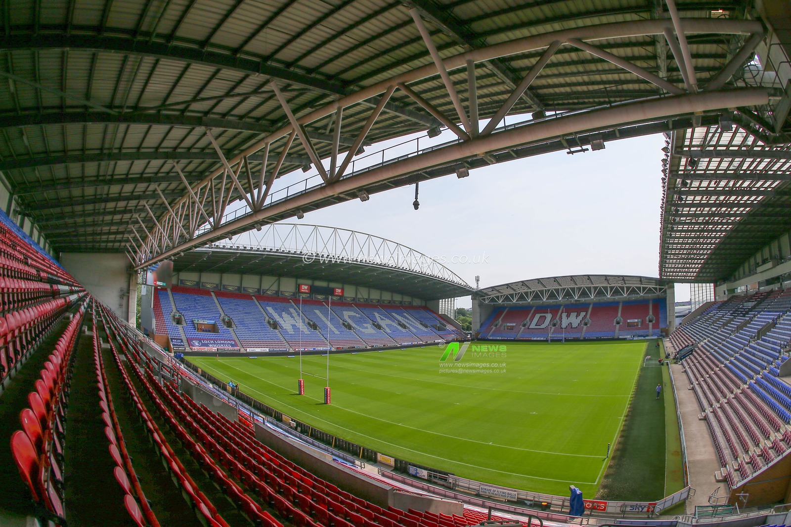 A general view inside of DW Stadium, home of Wigan Warriors ahead of the Betfred Challenge Cup Quarter-Final match Wigan Warriors vs Warrington Wolves at DW Stadium, Wigan, United Kingdom, 18th June 2023

(Photo by Gareth Evans/News Images)