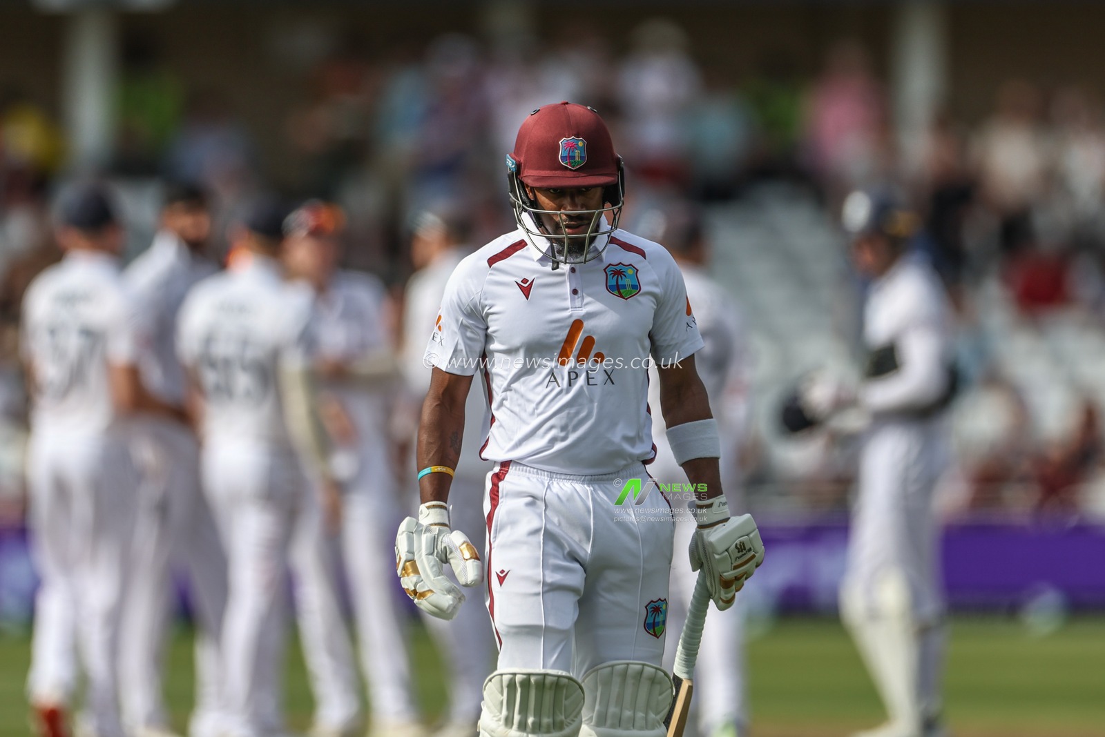 Kavem Hodge of West Indies leaves the field of play after being bowled out by Shoaib Bashir of England during the Rothesay Test Match day four match England vs West Indies at Trent Bridge, Nottingham, United Kingdom, 21st July 2024

(Photo by Mark Cosgrove/News Images)