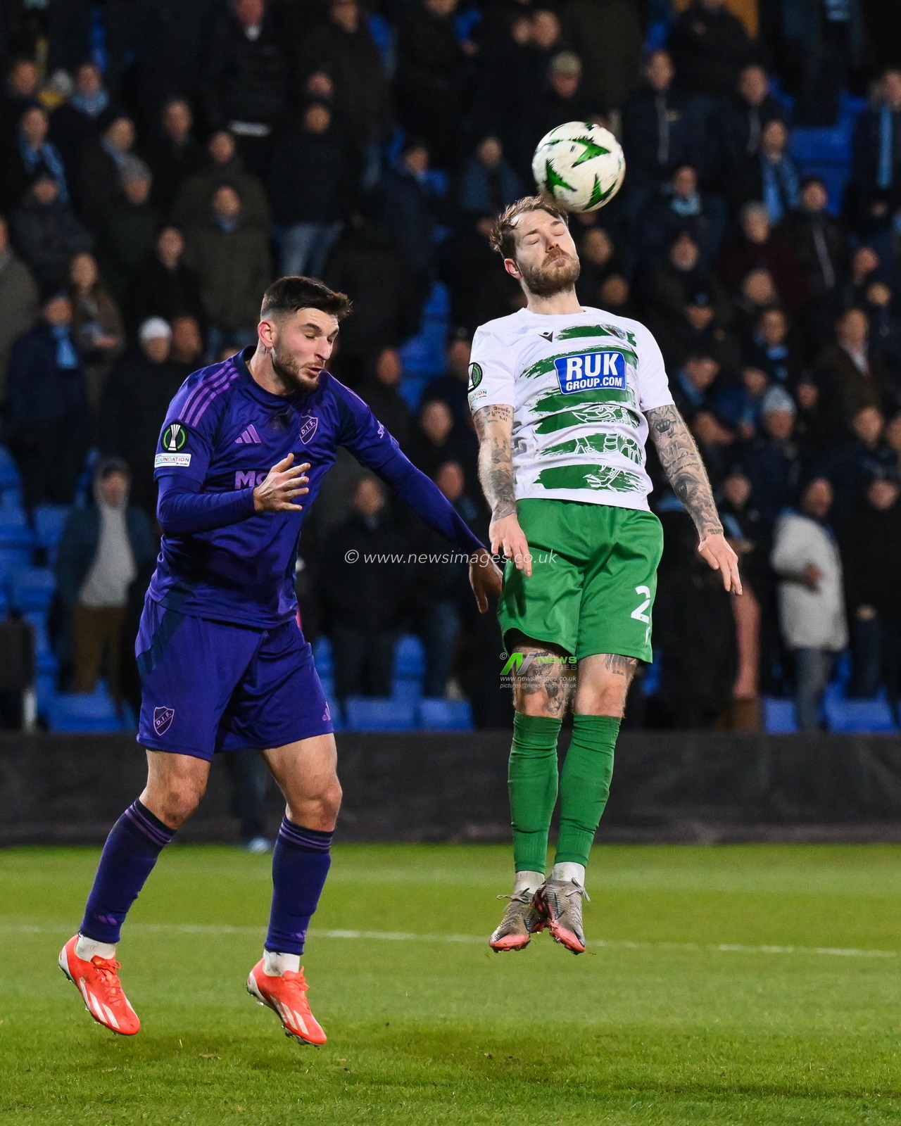 Ash Baker of The New Saints F.C. jumps up to win the high ball during the UEFA Conference League - League Stage match The New Saints vs DjurgÃ¥rden at Croud Meadow, Shrewsbury, United Kingdom, 28th November 2024

(Photo by Craig Thomas/News Images)