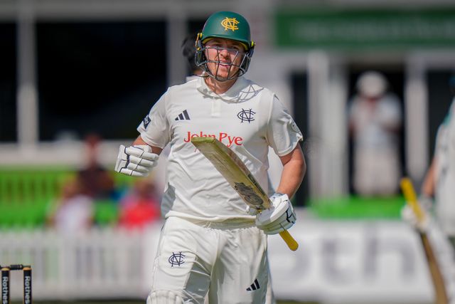 Ben Slater celebrates reaching 100 runs and scoring his century during Leicestershire County Cricket Club vs Nottinghamshire County Cricket Club in Country Cricket Division One Day 1 at Grace Road, Leicester, United Kingdom on 01 May 2026

(Photo by Maynard Manyowa/News Images)