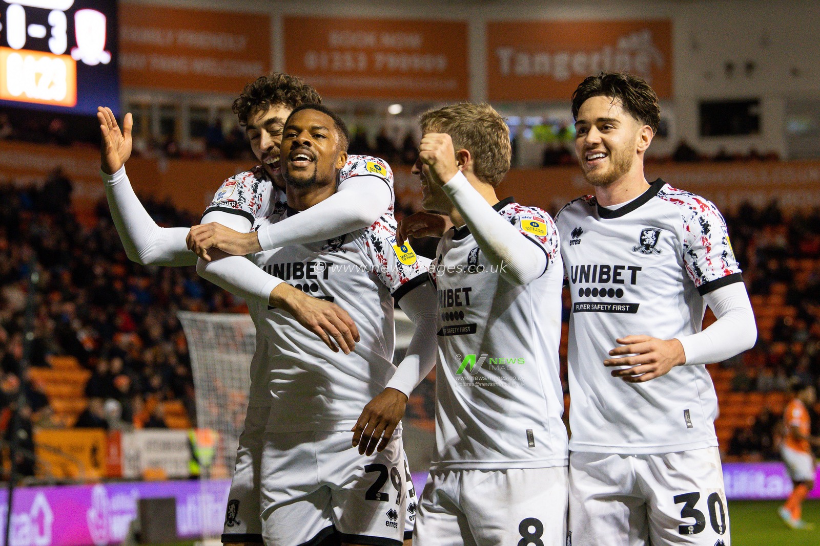 Chuba Akpom #29 of Middlesbrough celebrates his goal to make it  0-3 during the Sky Bet Championship match Blackpool vs Middlesbrough at Bloomfield Road, Blackpool, United Kingdom, 8th November 2022

(Photo by Craig Thomas/News Images)