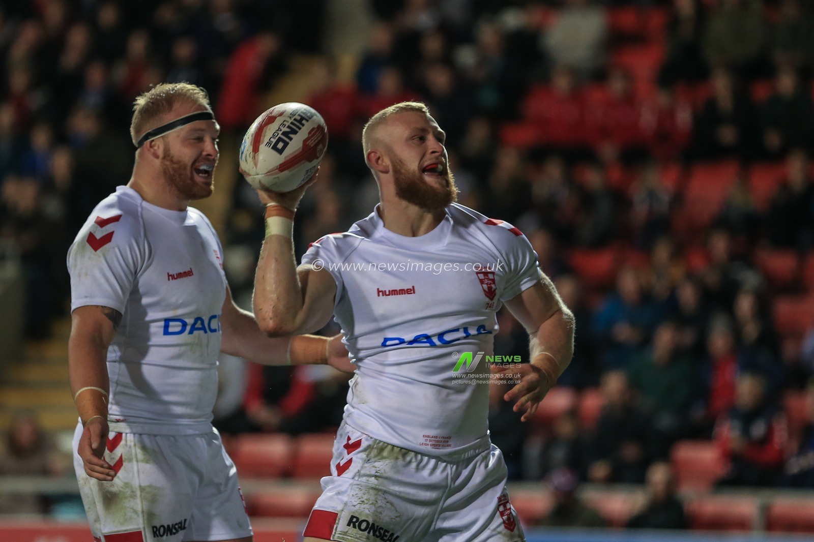 17th October 2018 , Leigh Sports Village,  Leigh, England;  Rugby League International, England v France ;  Tom Burgess of England  celebrates his try on his England debut 



Credit:   Mark Cosgrove/News Images