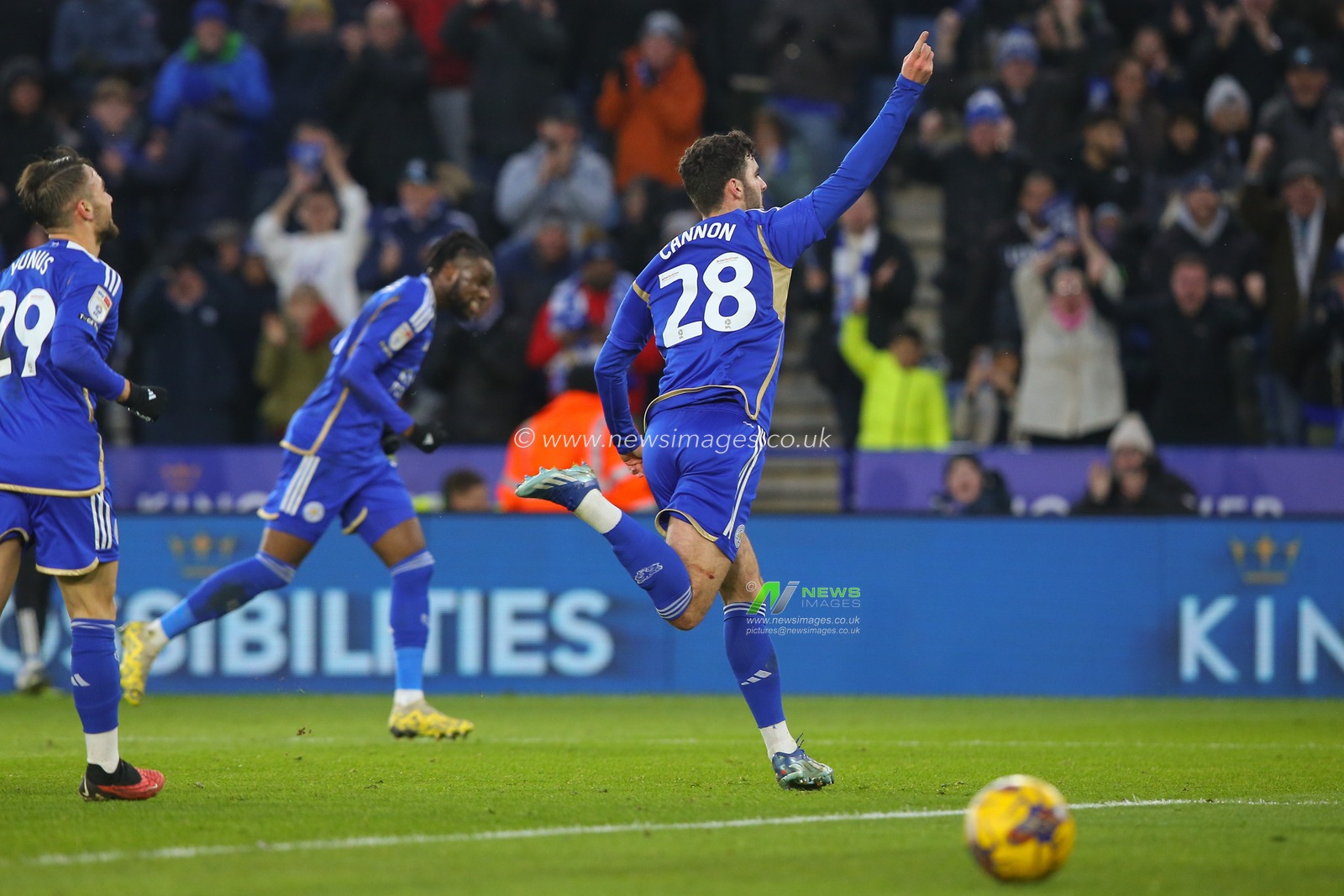 Tom Cannon of Leicester City celebrates his goal to make it 1-0 during the Sky Bet Championship match Leicester City vs Huddersfield Town at King Power Stadium, Leicester, United Kingdom, 1st January 2024

(Photo by Gareth Evans/News Images)