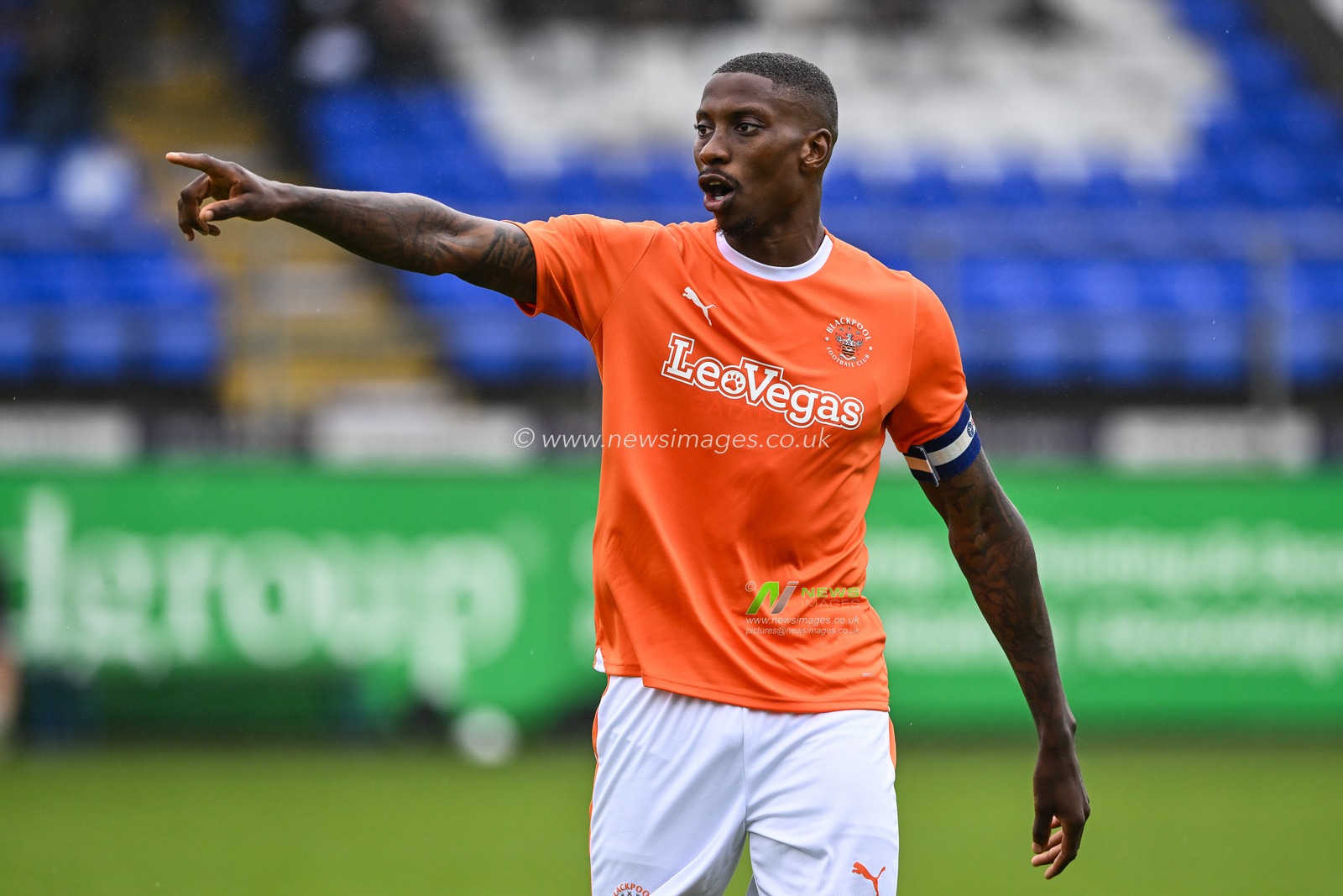 Marvin Ekpiteta #21 of Blackpool gives his team instructions during the Pre-season friendly match Barrow vs Blackpool at SO Legal Stadium, Barrow-in-Furness, United Kingdom, 22nd July 2023

(Photo by Craig Thomas/News Images)