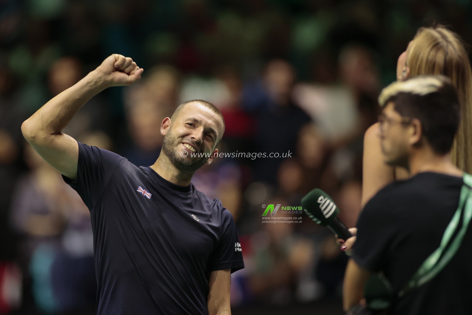 Daniel Evans (GBR) being interviewed after his victory over against Arthur Fils (FRA) during the Davis Cup match Great Britain vs France at Manchester AO Arena, Manchester, United Kingdom, 17th September 2023

(Photo by Conor Molloy/News Images)