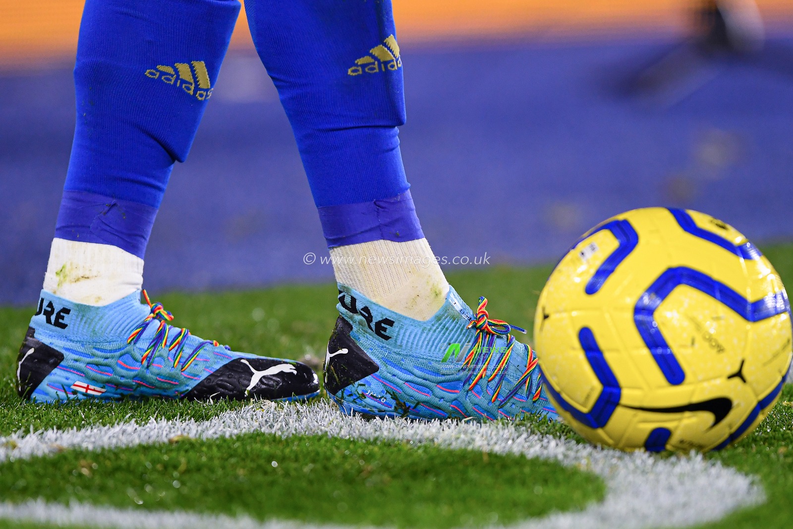 4th December 2019, King Power Stadium, Leicester, England; Premier League, Leicester City v Watford : Boots of James Maddison (10) of Leicester City with rainbow laces 

Credit: Jon Hobley/News Images