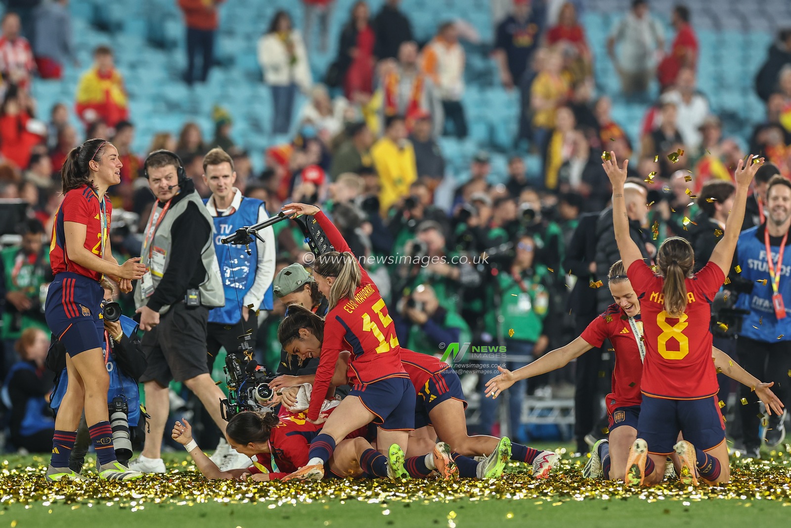 Spanish players celebrating in confetti after winning the World Cup during the FIFA Women's World Cup 2023 Final match Spain Women vs England Women at Stadium Australia, Sydney, Australia, 20th August 2023

(Photo by Patrick Hoelscher/News Images)