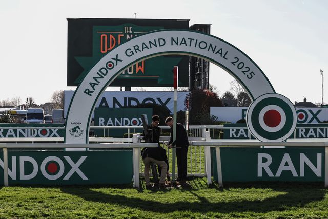 Race course staff prepare the finish line for the grand national during the Randox Grand National 2025 Day 3 Grand National Day at Aintree Racecourse, Liverpool, United Kingdom, 5th April 2025

(Photo by Mark Cosgrove/News Images)