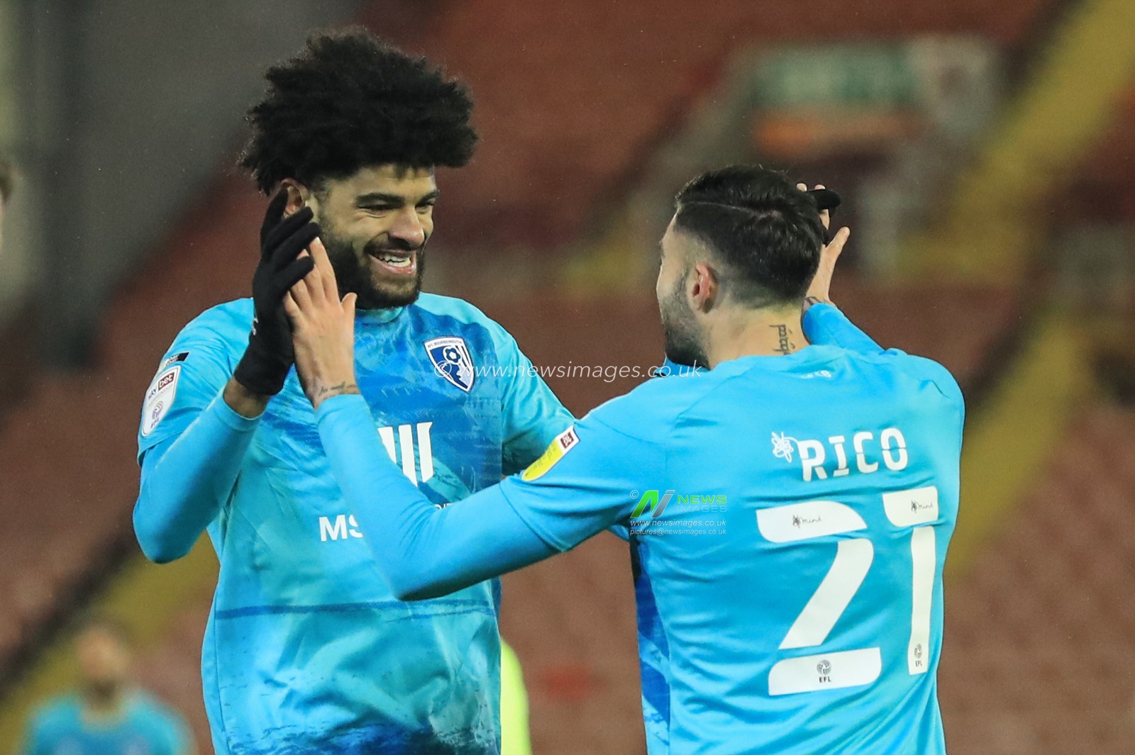 Philip Billing #29 of Bournemouth celebrates his goal to make it with Diego Rico #21 of Bournemouth