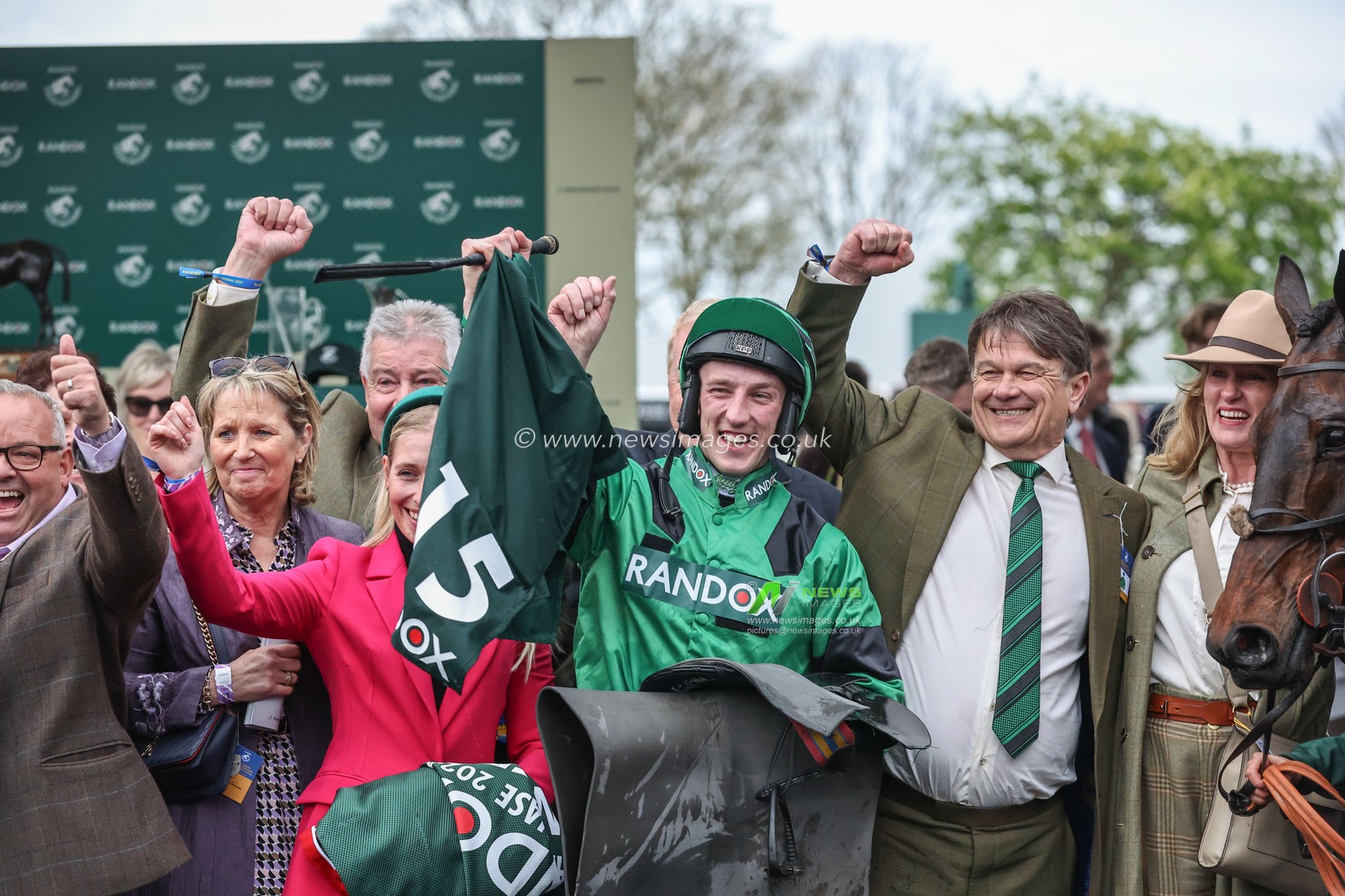 Ciaran Gethnigs celebrates winning the 4.05pm The Randox Supports Race Against Dementia Topham Chase (Grade 3) during the The Randox Grand National 2024 Ladies Day at Aintree Racecourse, Liverpool, United Kingdom, 12th April 2024

(Photo by Mark Cosgrove/News Images)