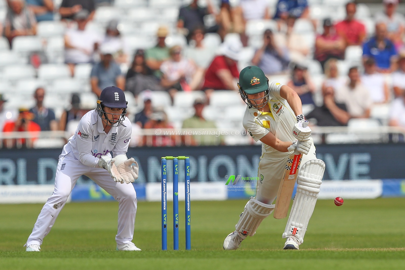 Annabel Sutherland of Australia plays a defensive shot during the Metro Bank Women's Ashes 2023 match Day 2 England vs Australia at Trent Bridge, Nottingham, United Kingdom, 23rd June 2023

(Photo by Gareth Evans/News Images)