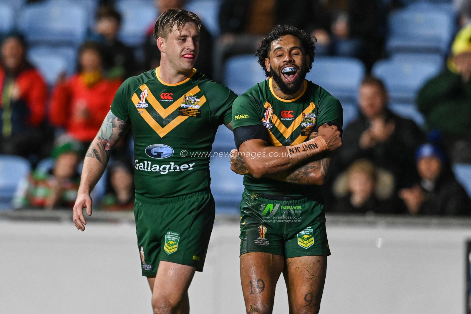 Josh Addo-Carr of Australia celebrates his try  during the Rugby League World Cup 2021 match Australia vs Scotland at Coventry Building Society Arena, Coventry, United Kingdom, 21st October 2022

(Photo by Craig Thomas/News Images)