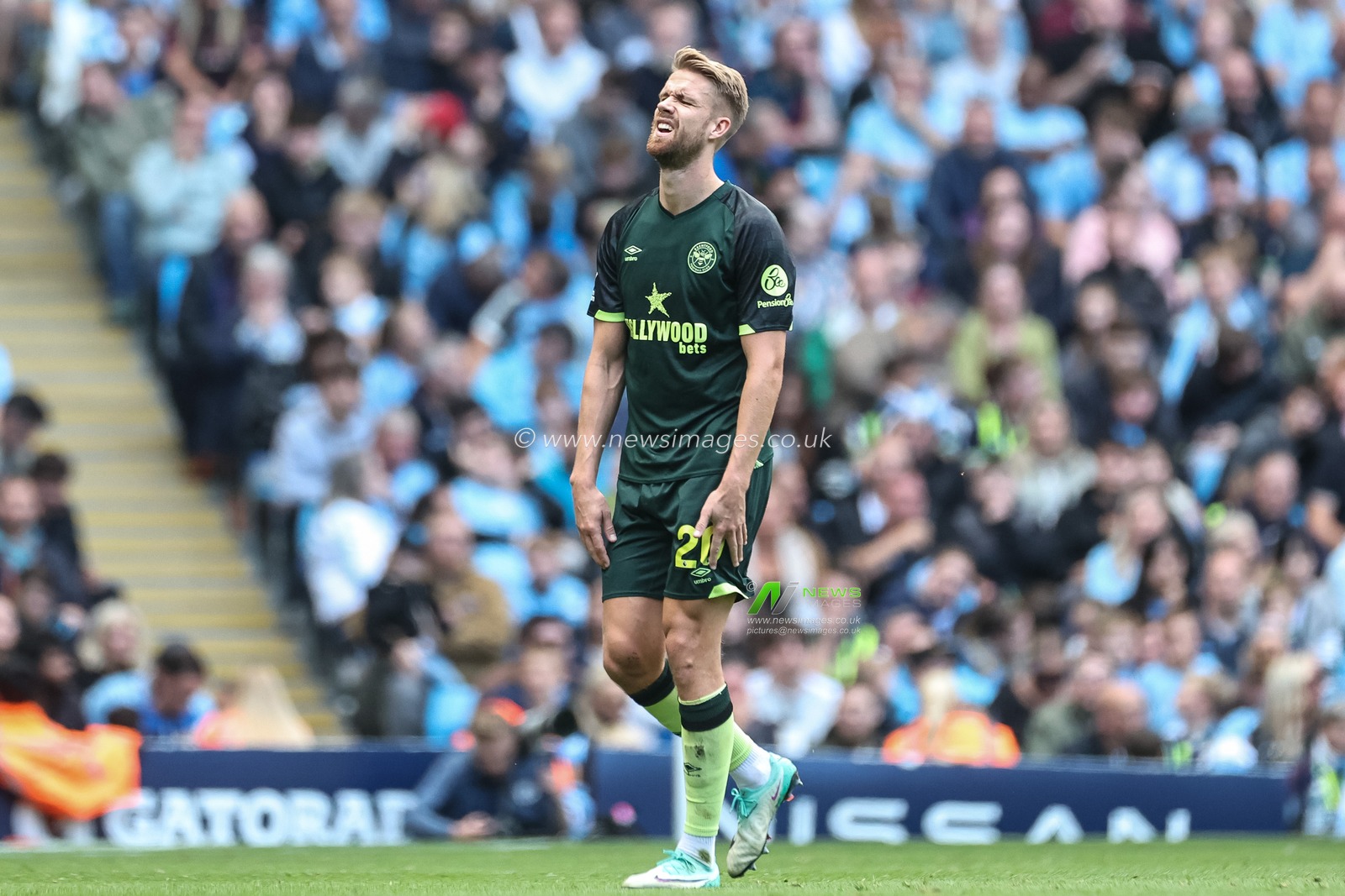 Kristoffer Ajer of Brentford reacts during the Premier League match Manchester City vs Brentford at Etihad Stadium, Manchester, United Kingdom, 14th September 2024

(Photo by Mark Cosgrove/News Images)