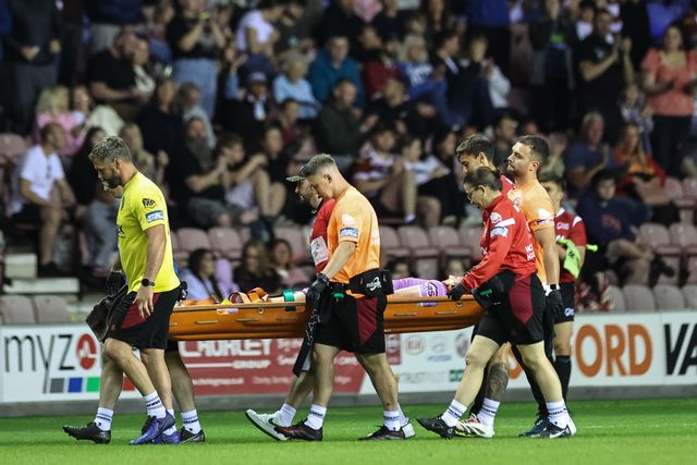 Zach Eckersley of Wigan Warriors is stretchered off during the Betfred Super League Round 11 match Wigan Warriors vs Leigh Leopards at The Brick Community Stadium, Wigan, United Kingdom, 16th May 2025

(Photo by Mark Cosgrove/News Images)