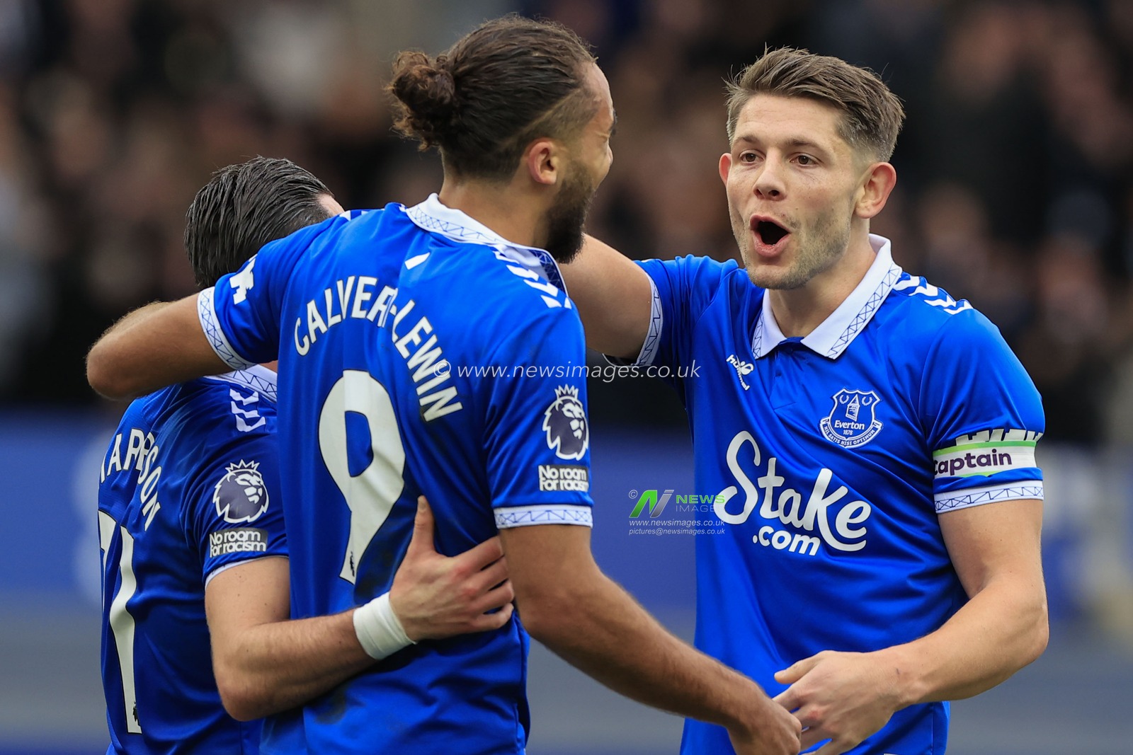 James Tarkowski of Everton and Dominic Calvert-Lewin of Everton celebrates scoring to make it 1-1 during the Premier League match Everton vs Tottenham Hotspur at Goodison Park, Liverpool, United Kingdom, 3rd February 2024

(Photo by Conor Molloy/News Images)