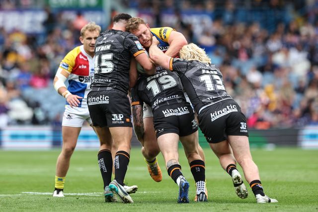 Rob Butler of London Broncos is pushed bad 15 yards by Yusuf Aydin of Hull FC Morgan Smith Hull FC and Brad Fash Hull FC during the Magic Weekend match Hull FC vs London Broncos at Elland Road, Leeds, United Kingdom, 17th August 2024

(Photo by Mark Cosgrove/News Images)