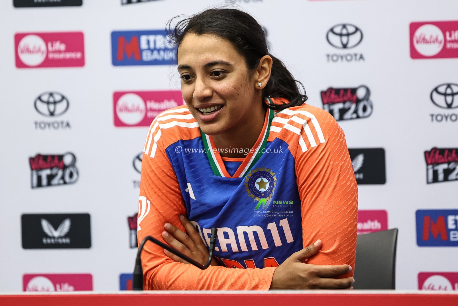 Smriti Mandhana of India speaks in the post match press conference during the 1st Vitality IT20 England Women vs India Women at Trent Bridge, Nottingham, United Kingdom, 28th June 2025

(Photo by Mark Cosgrove/News Images)