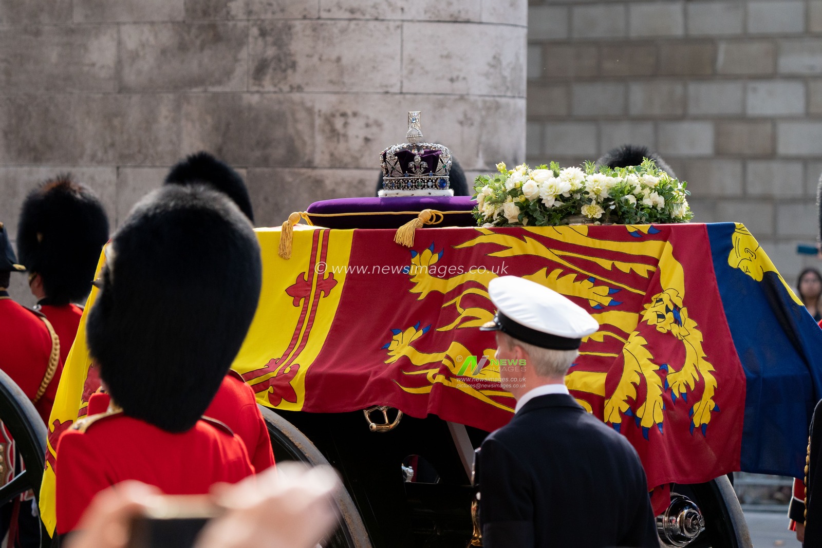 Queen Elizabeth II's coffin is taken in procession on a Gun Carriage of The King's Troop Royal Horse Artillery followed by King Charles III and immediate Royal family at Whitehall, London, United Kingdom, 14th September 2022

(Photo by Richard Washbrooke/News Images)