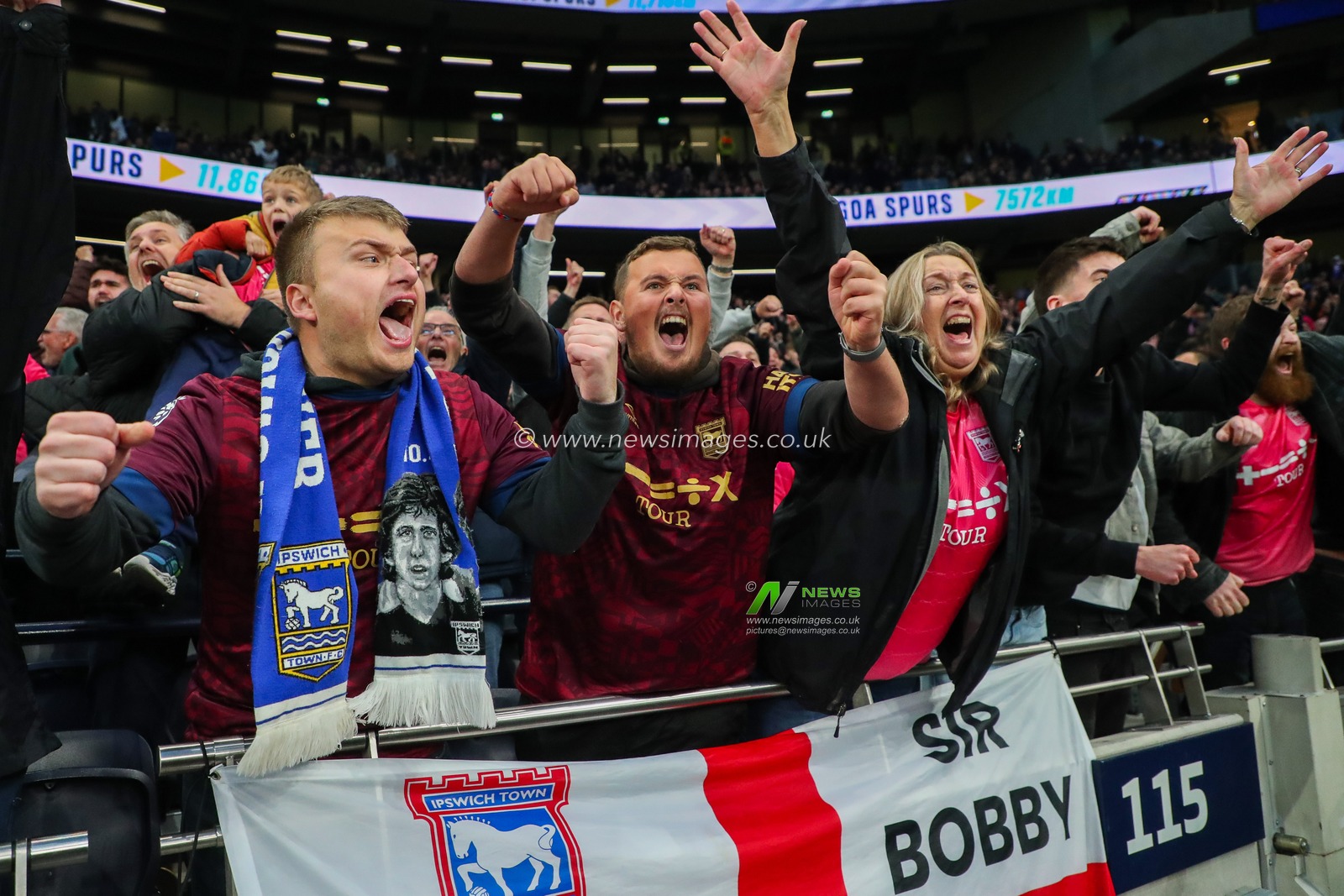 Ipswich Town fans celebrate after the teams first premier league win this season following the Premier League match Tottenham Hotspur vs Ipswich Town at Tottenham Hotspur Stadium, London, United Kingdom, 10th November 2024

(Photo by Izzy Poles/News Images)