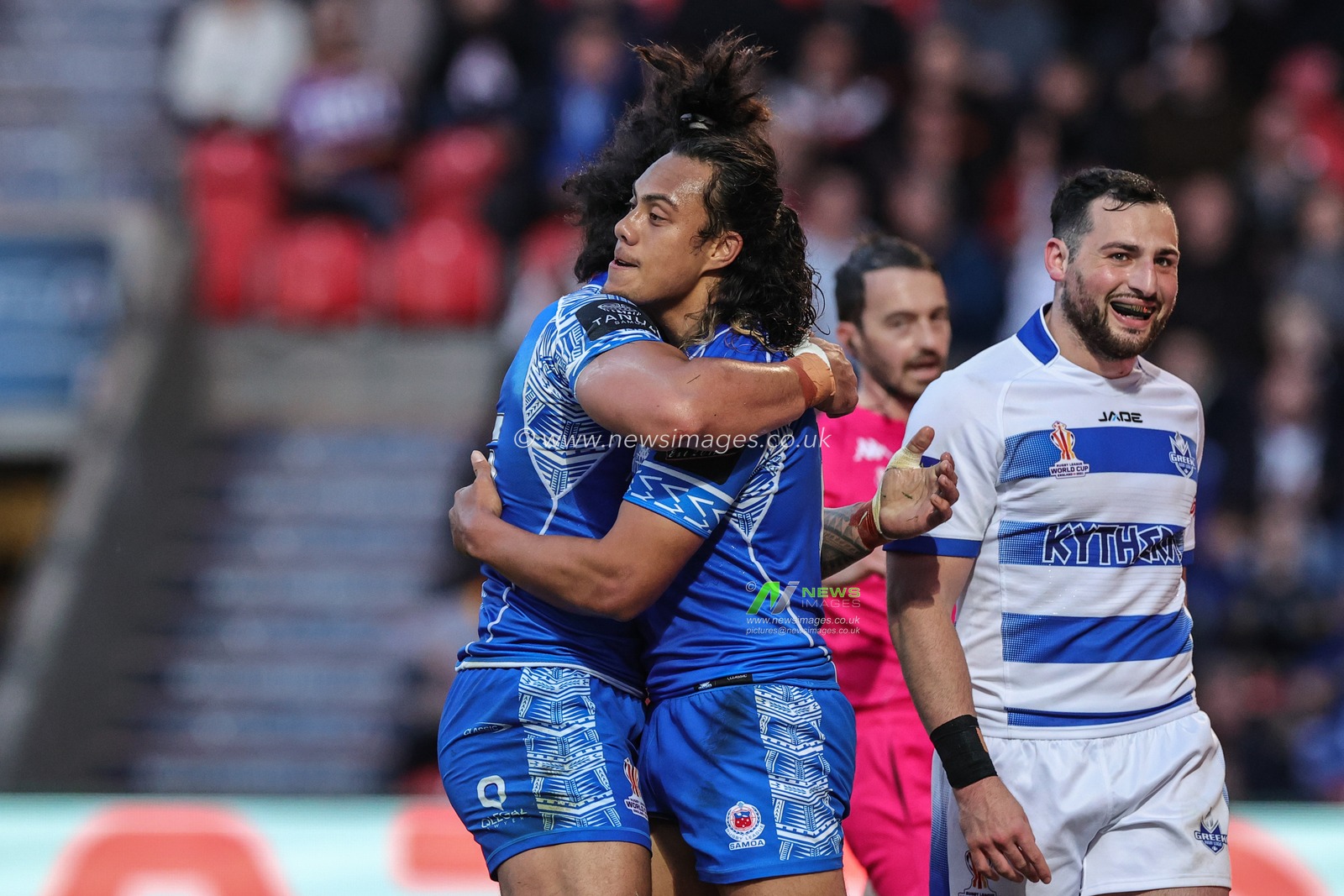 Jarome Luai of Samoa celebrates his try during the Rugby League World Cup 2021 Cup Group A match Samoa vs Greece at Eco-Power Stadium, Doncaster, United Kingdom, 23rd October 2022

(Photo by Mark Cosgrove/News Images)