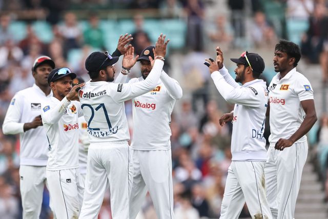 Kamindu Mendis of Sri Lanka celebrates caching out Harry Brook of England during the 3rd Rothesay Test Match Day Two England v Sri Lanka at The Kia Oval, London, United Kingdom, 7th September 2024

(Photo by Mark Cosgrove/News Images)