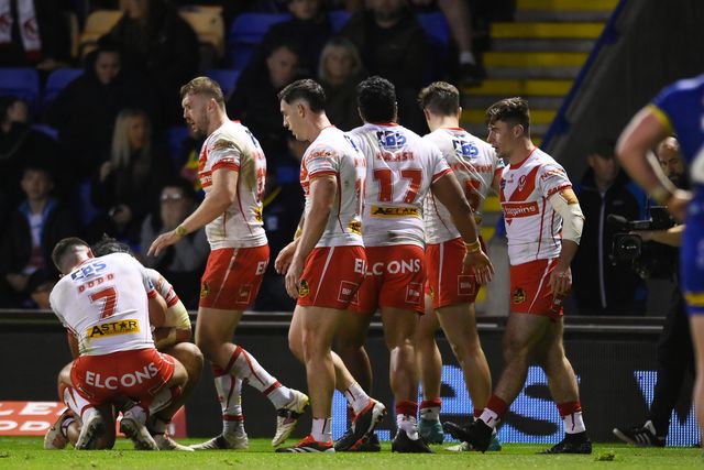Jon Bennison of St. Helens celebrates a try during the Betfred Super League play-off Eliminator 2 Warrington Wolves v St Helens at Halliwell Jones Stadium, Warrington, United Kingdom, 28th September 2024

(Photo by Ben Roberts/News Images)