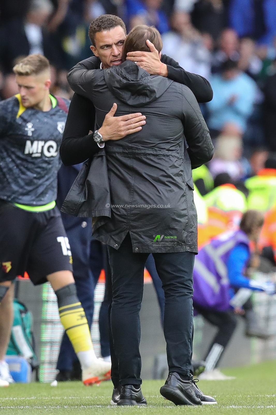 ValÃ©rien IsmaÃ«l manager of Watford hugs Daniel Farke manager of Leeds United after the Sky Bet Championship match Leeds United vs Watford at Elland Road, Leeds, United Kingdom, 23rd September 2023

(Photo by James Heaton/News Images)