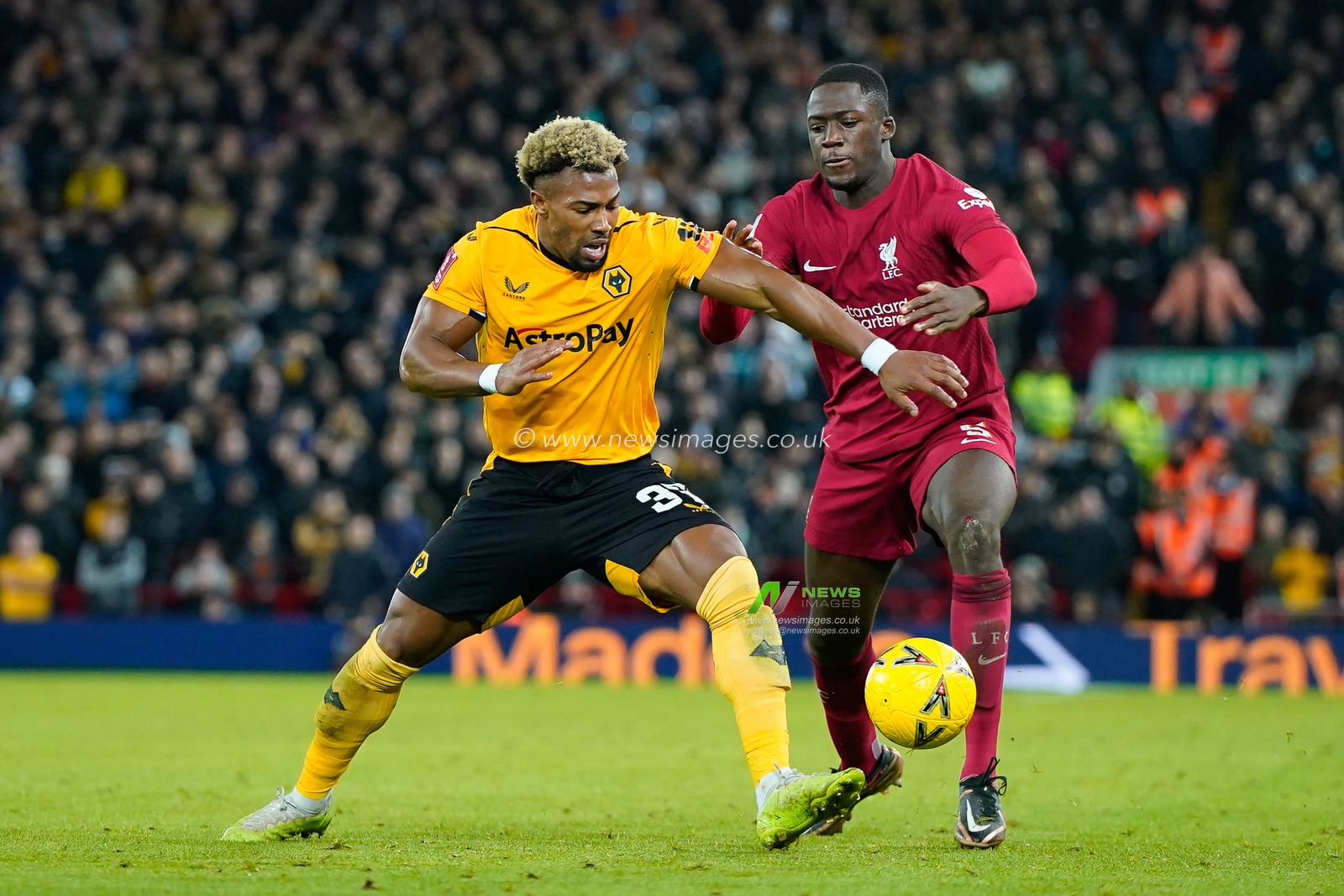 Ibrahima KonatÃ© #5 of Liverpool competes for the ball with Adama TraorÃ© #37 of Wolverhampton Wanderers during the Emirates FA Cup Third Round match Liverpool vs Wolverhampton Wanderers at Anfield, Liverpool, United Kingdom, 7th January 2023

(Photo by Steve Flynn/News Images)
