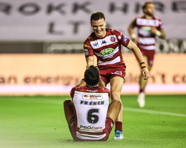 Bevan French of Wigan Warriors celebrates his try to make it 10-0 during the Betfred Super League round 27 match Wigan Warriors vs Leeds Rhinos at The Brick Community Stadium, Wigan, United Kingdom, 19th September 2025

(Photo by Alfie Cosgrove/News Images)
