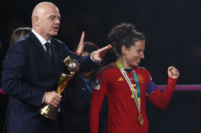 Ivana AndrÃ©s #5 of Spain preparing to lift the trophy during the FIFA Women's World Cup 2023 Final match Spain Women vs England Women at Stadium Australia, Sydney, Australia, 20th August 2023

(Photo by Patrick Hoelscher/News Images)