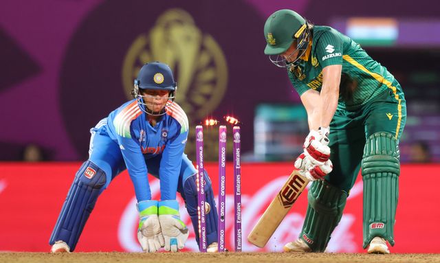 Depti Sharma of India takes wicket of Annerie Dercksen of South Africa during the ICC Women's ODI Cricket World Cup Final 2025 session India Women vs South Africa Women at Dr. D.Y. Patil Sports Academy, Navi Mumbai, India, 2nd November 2025

(Photo by Shubhajit Roy Karmakar/News Images)