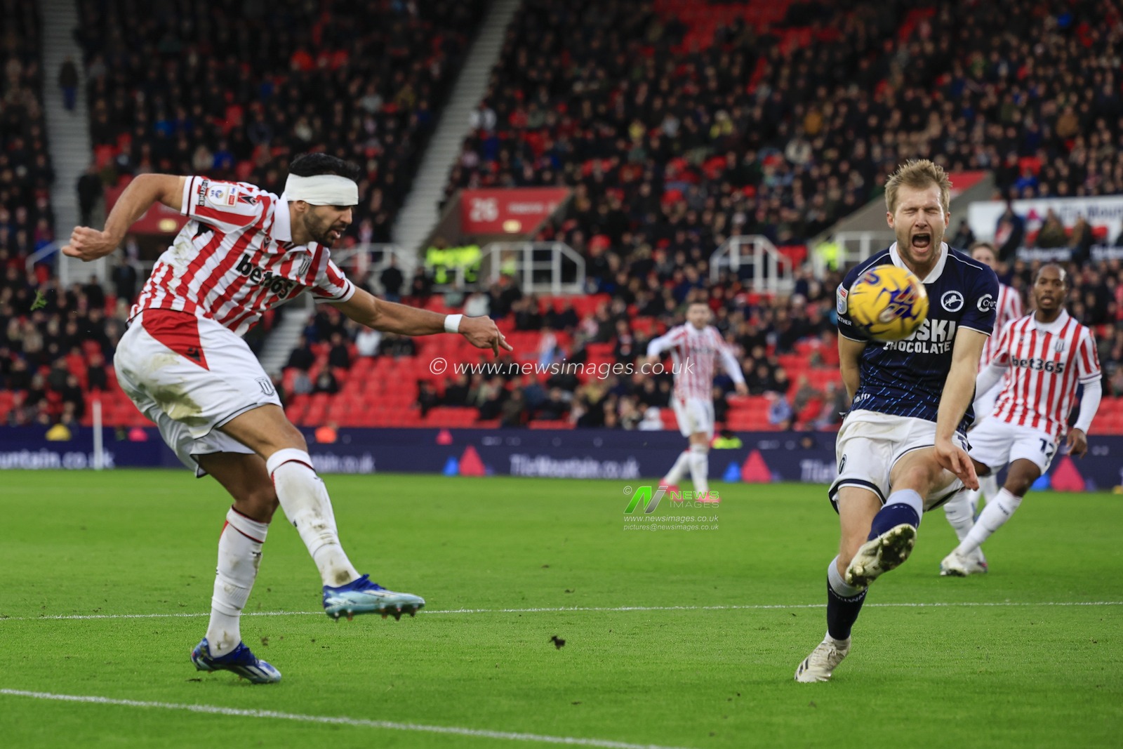 Mehdi Leris #27 of Stoke City crosses the ball during the Sky Bet Championship match Stoke City vs Millwall at Bet365 Stadium, Stoke-on-Trent, United Kingdom, 23rd December 2023

(Photo by Conor Molloy/News Images)
