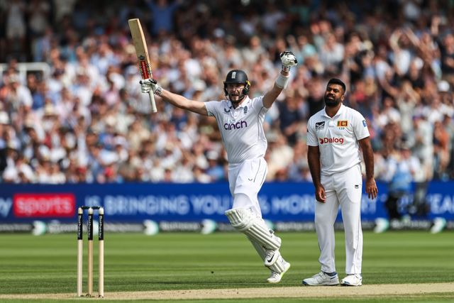 Gus Atkinson of England celebrates his maiden century (100 runs) during the England v Sri Lanka 2nd Rothesay Test Match Day 2 at Lords, London, United Kingdom, 30th August 2024

(Photo by Mark Cosgrove/News Images)