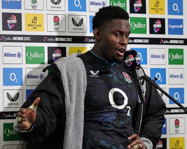 Mario Itoje of England during a live interview during the Quilter Nations Series 2025 match England vs Argentina at Allianz Stadium, Twickenham, United Kingdom, 23rd November 2025

(Photo by Mark Cosgrove/News Images)

*** GER AUT SUI OUT ***