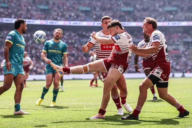 Jack Farrimond of Wigan Warriors celebrates his try during the Betfred Challenge Cup Final match Wigan Warriors vs Hull KR at Wembley Stadium, London, United Kingdom on 30 May 2026

(Photo by Alfie Cosgrove/News Images)