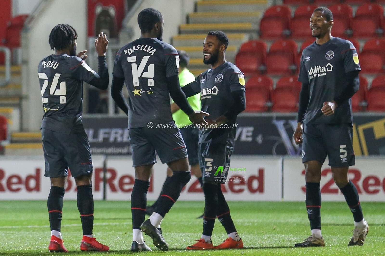Brentford players celebrate Marcus Forss #15 of Brentford goal to make it 0-1