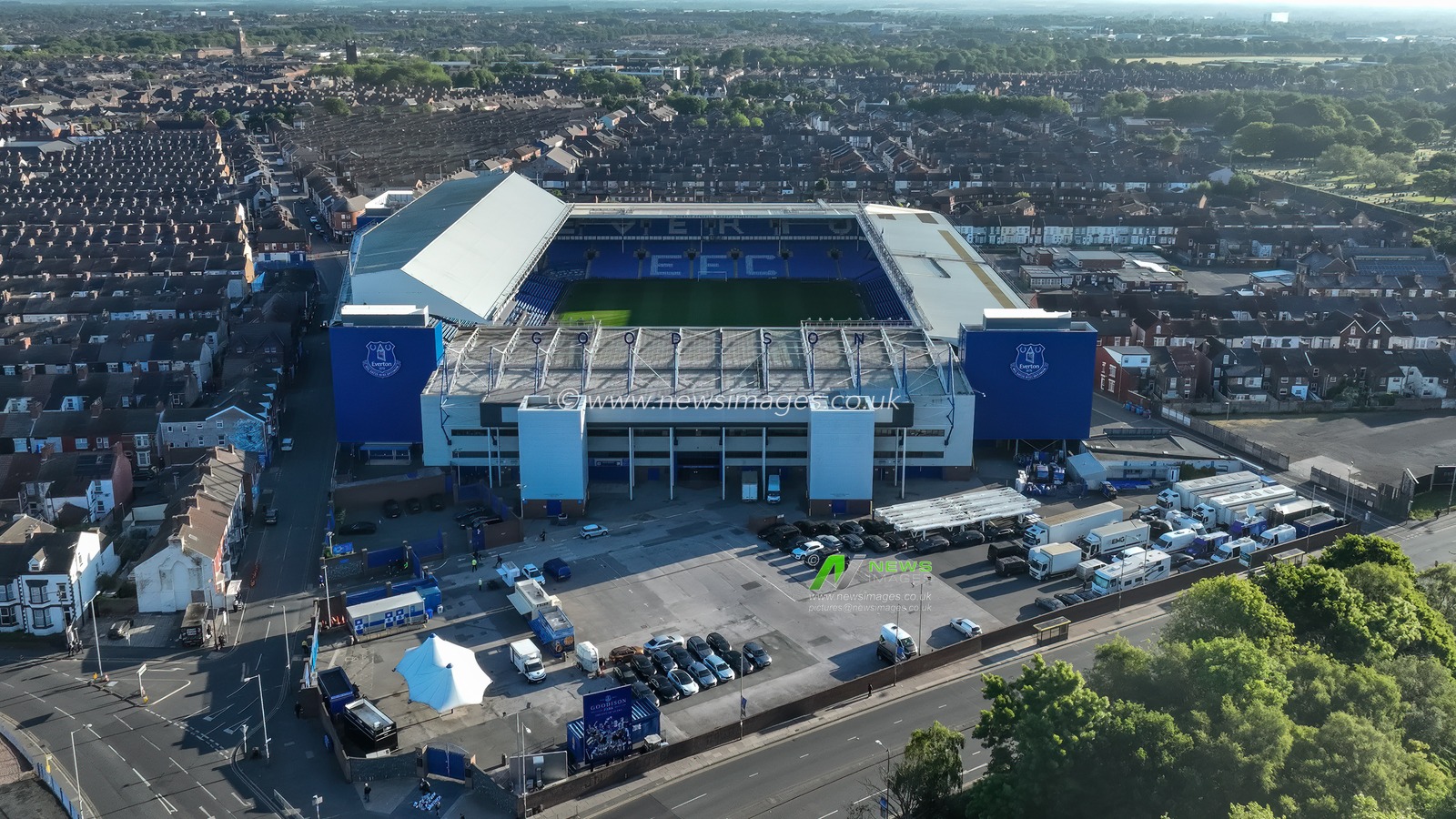 An aerial view of Goodison Park as Everton Football Club prepare to play their last ever professional game of football at the ground ahead of their move to Bromley Moore during the Premier League match Everton vs Southampton at Goodison Park, Liverpool, United Kingdom, 18th May 2025

(Photo by Mark Cosgrove/News Images)