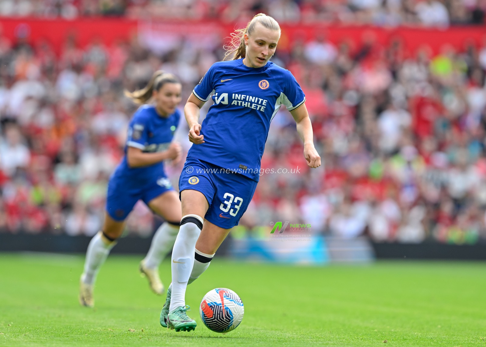 Aggie Beever-Jones of Chelsea Women breaks forward with the ball, during the The FA Women's Super League match Manchester United Women vs Chelsea FC Women at Old Trafford, Manchester, United Kingdom, 18th May 2024

(Photo by Cody Froggatt/News Images)