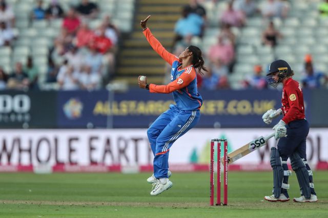 Radha Yadav of India delivers the ball during the 5th Vitality IT20 England Women vs India Women at Edgbaston, Birmingham, United Kingdom, 12th July 2025

(Photo by Izzy Poles/News Images)
