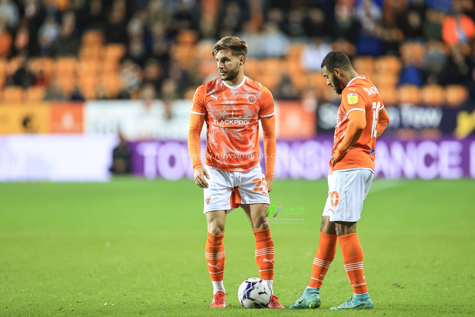 Luke Garbutt #29 of Blackpool  and Keshi Anderson #10 of Blackpool prepare to take a free-kick