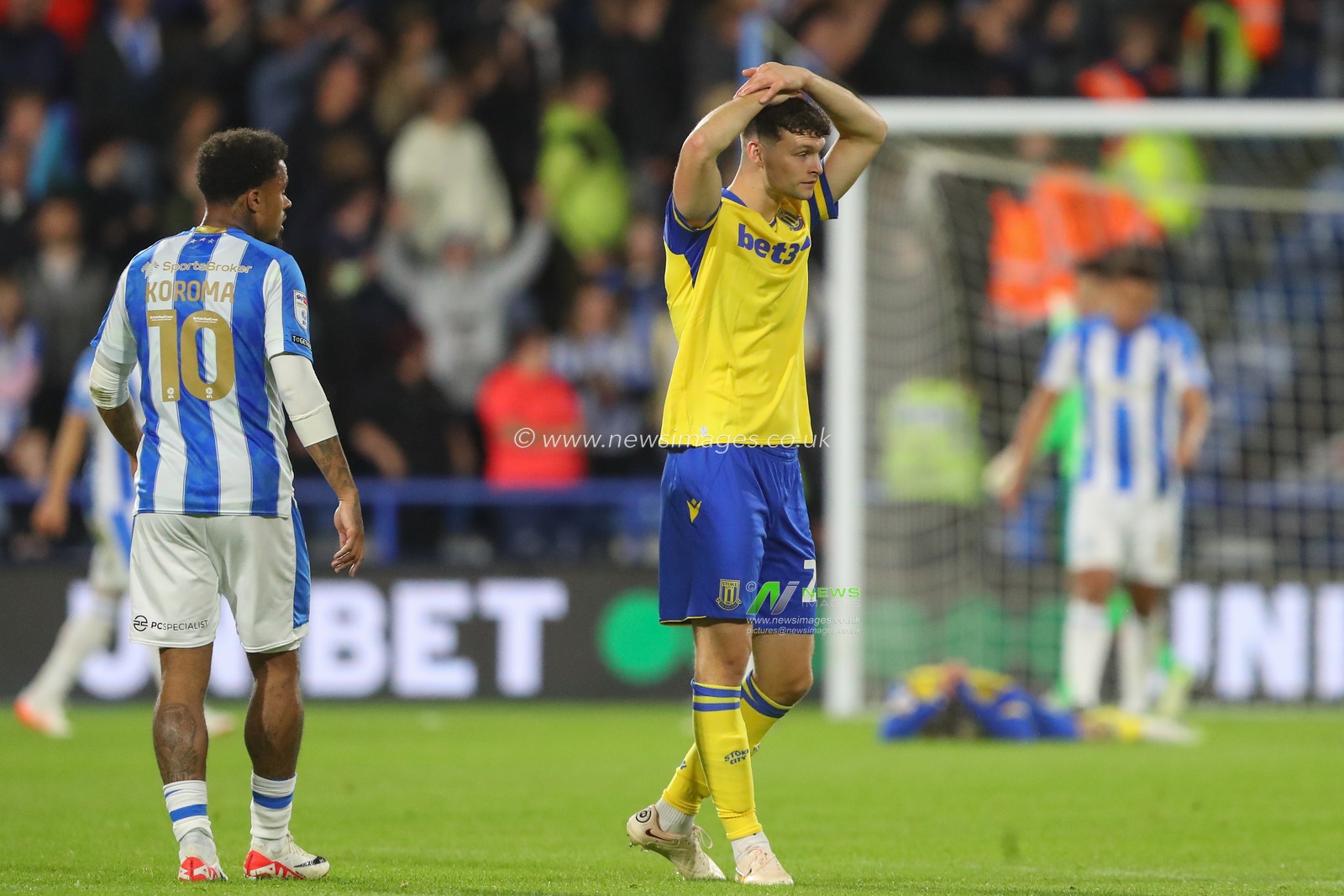 Luke McNally #23 of Stoke City reacts to a missed chance during the Sky Bet Championship match Huddersfield Town vs Stoke City at John Smith's Stadium, Huddersfield, United Kingdom, 20th September 2023

(Photo by Gareth Evans/News Images)