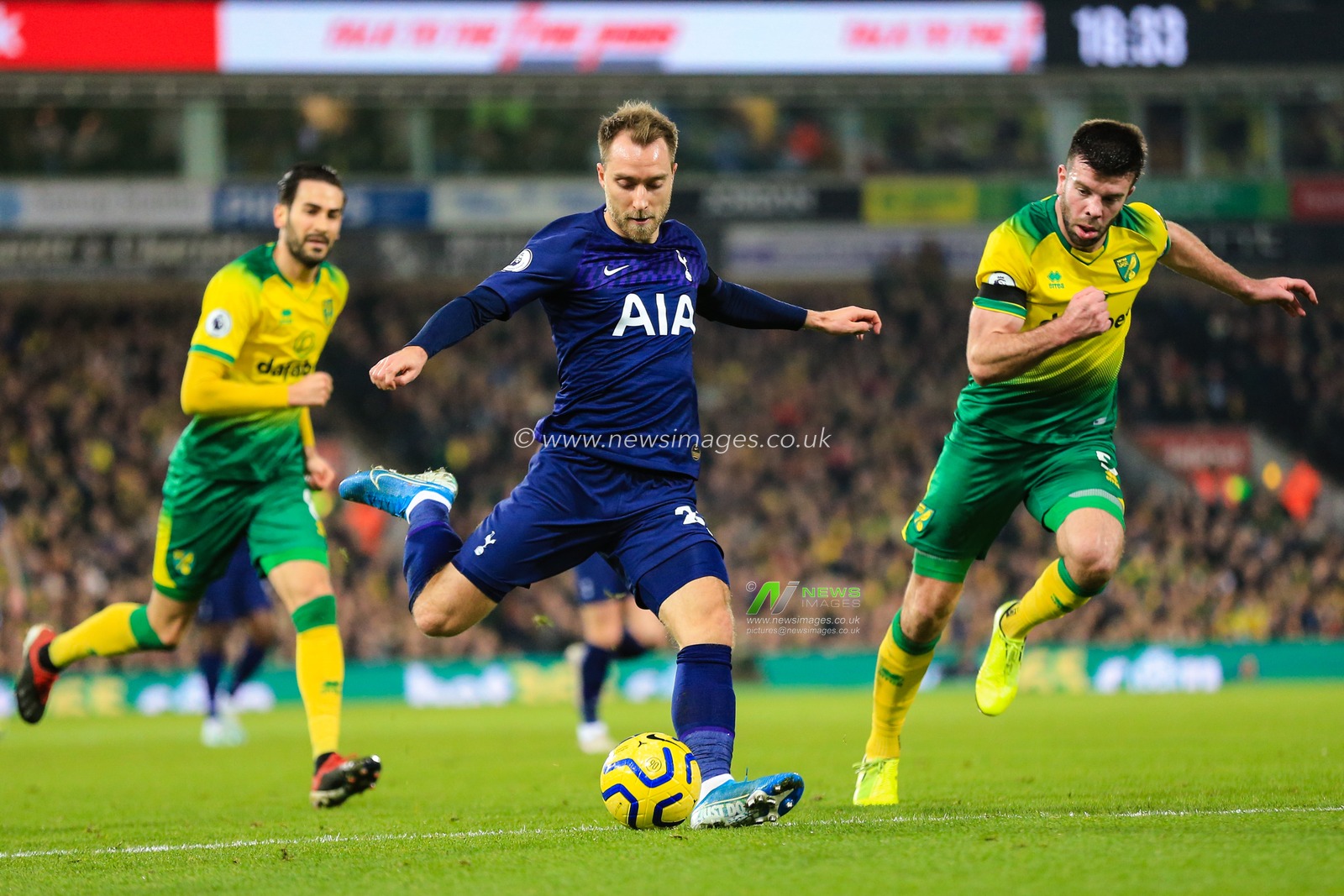 28th December 2019, Carrow Road, Norwich, England; Premier League, Norwich City v Tottenham Hotspur : Christian Eriksen (23) of Tottenham has an attempt on goal

Credit: Georgie Kerr/News Images