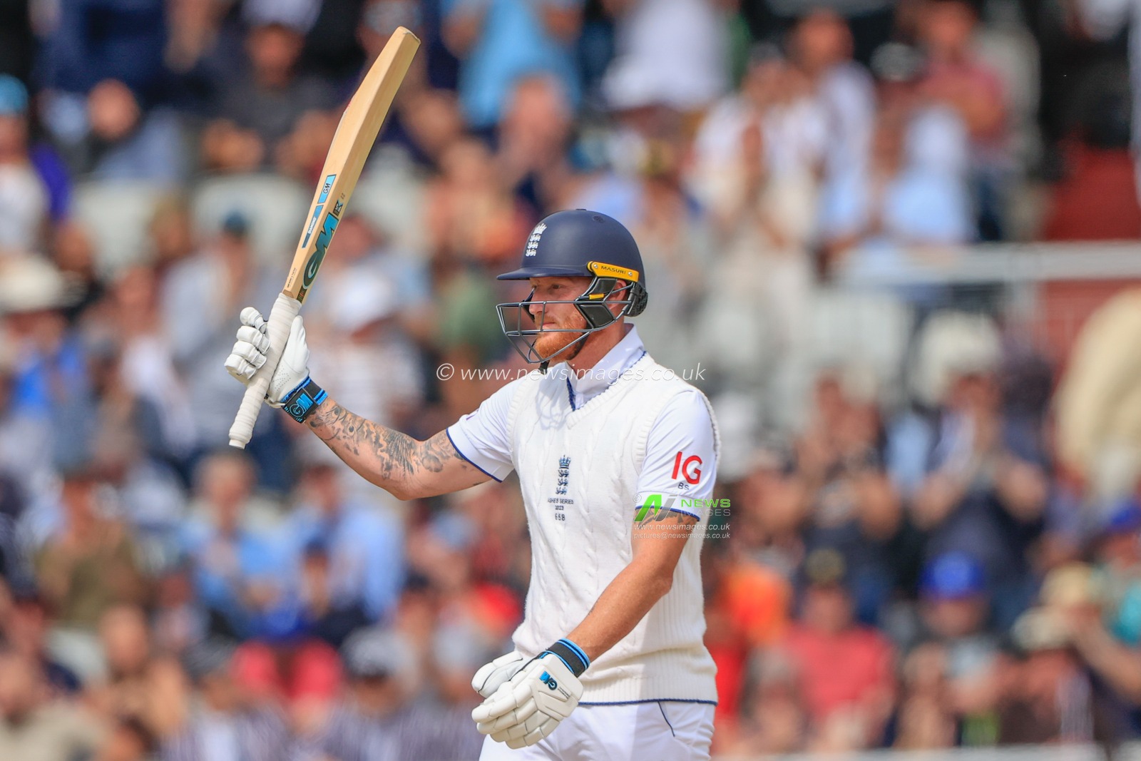 Ben Stokes of England celebrates a half century (50 runs) during the LV= Insurance Ashes Fourth Test Series Day Three Test Series match England vs Australia at Old Trafford, Manchester, United Kingdom, 21st July 2023

(Photo by Conor Molloy/News Images)