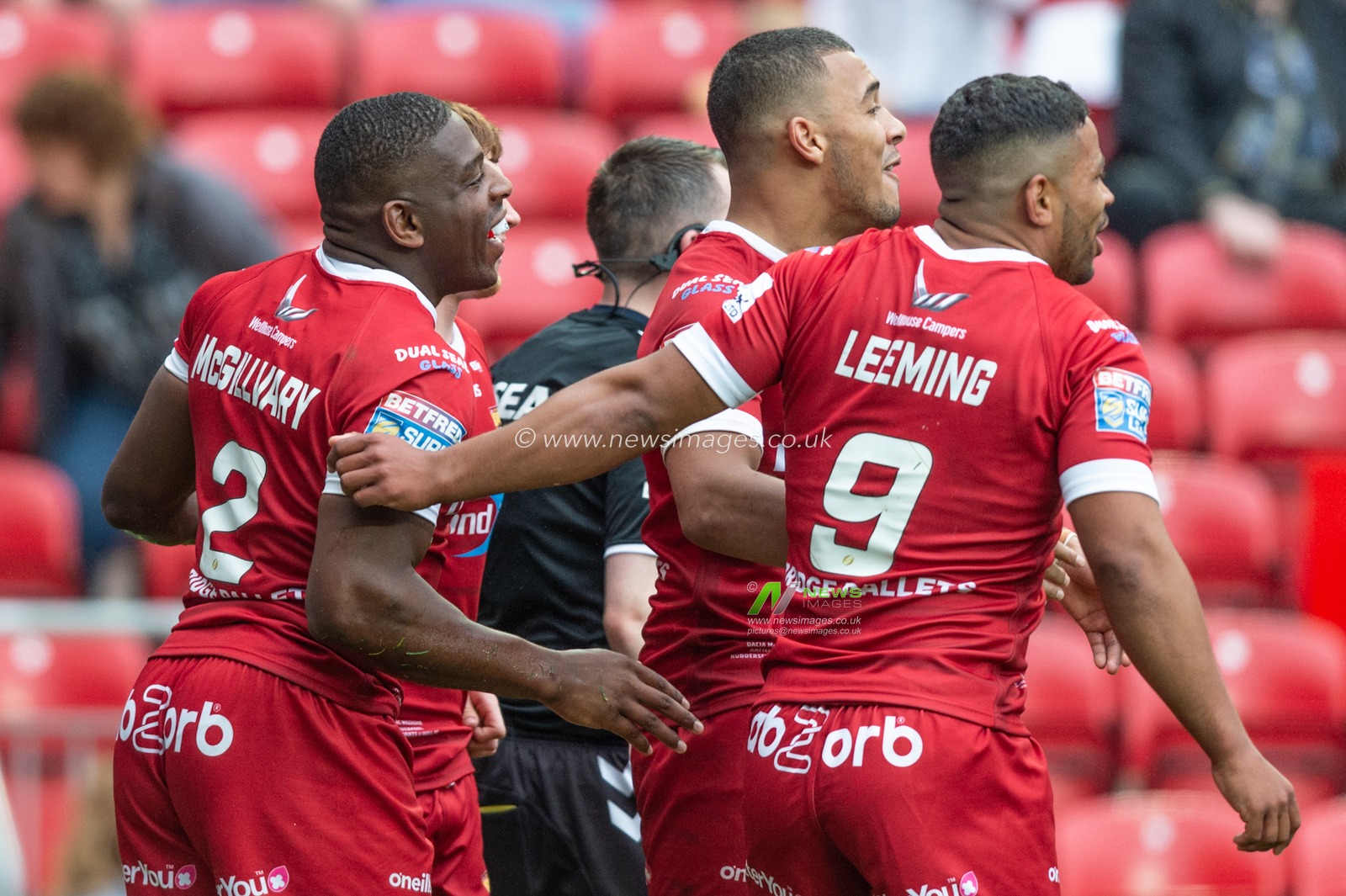 25th May 2019 , Anfield Stadium, Liverpool, England; Dacia Magic Weekend, Betfred Super League Round 16, Hull FC vs Huddersfield Giants ; Jermaine McGillvary (2) of Huddersfield Giants celebrates his try

Credit: Richard Long/News Images