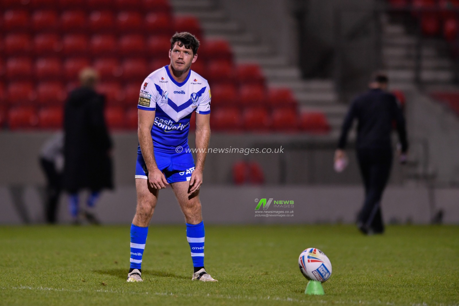 Lachlan Coote (1) of St Helens prepares to kick a conversion
