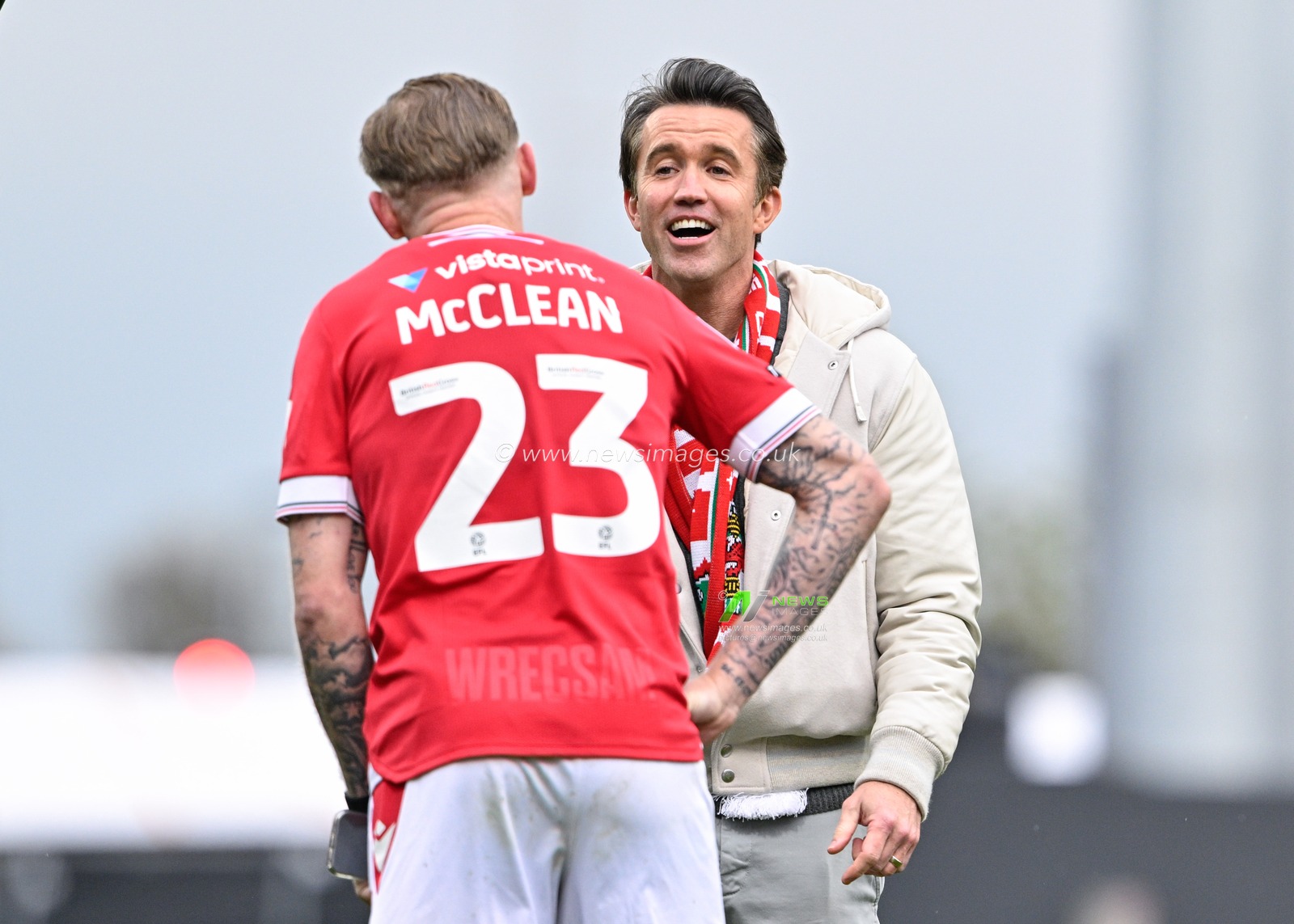 Wrexham Co-Owner Rob McElhenney speaks with James McClean of Wrexham following  the Sky Bet League 2 match Wrexham vs Stockport County at SToK Cae Ras, Wrexham, United Kingdom, 27th April 2024

(Photo by Cody Froggatt/News Images)