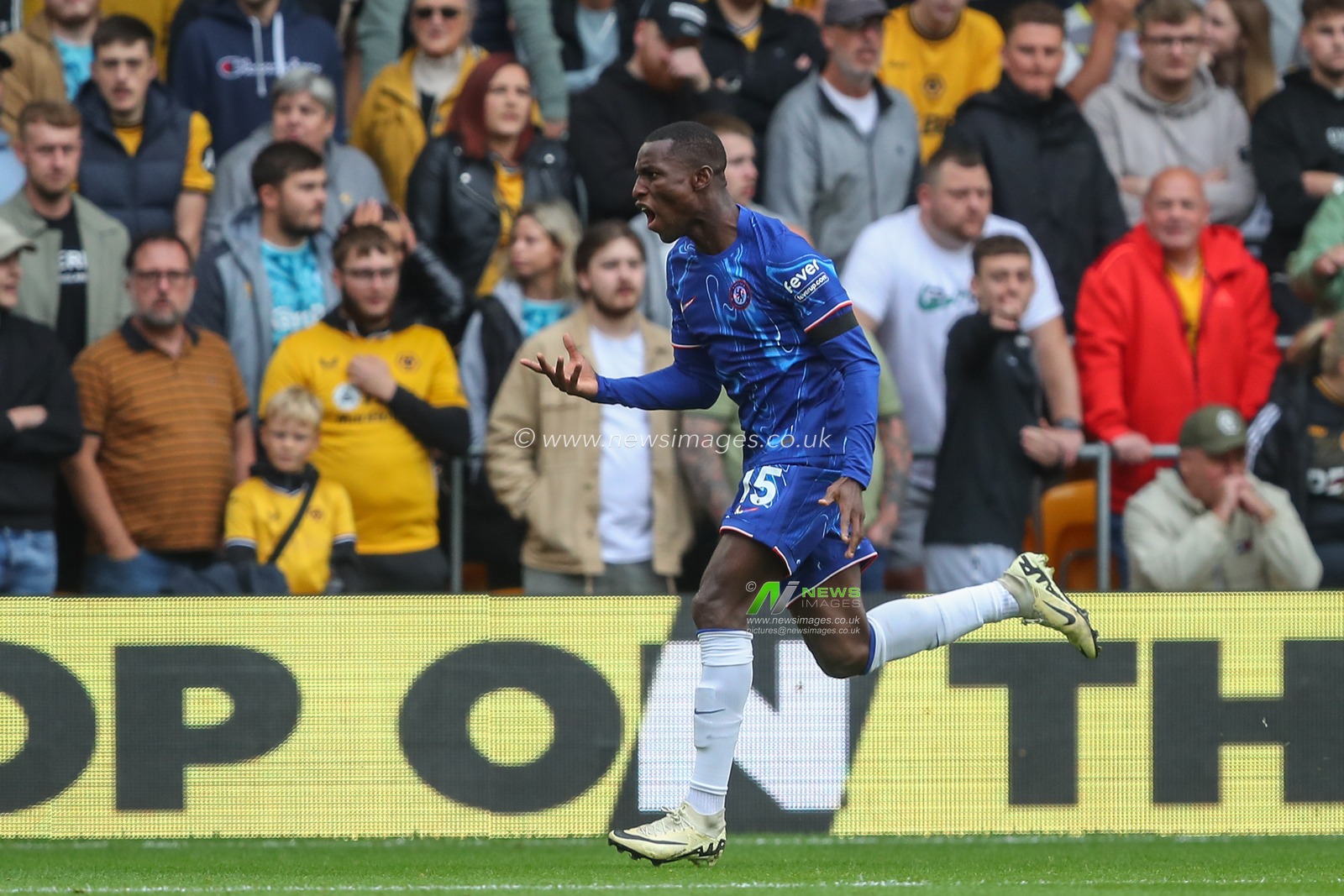 Nicolas Jackson of Chelsea celebrates his goal to make it 0-1 during the Premier League match Wolverhampton Wanderers vs Chelsea at Molineux, Wolverhampton, United Kingdom, 25th August 2024

(Photo by Gareth Evans/News Images)