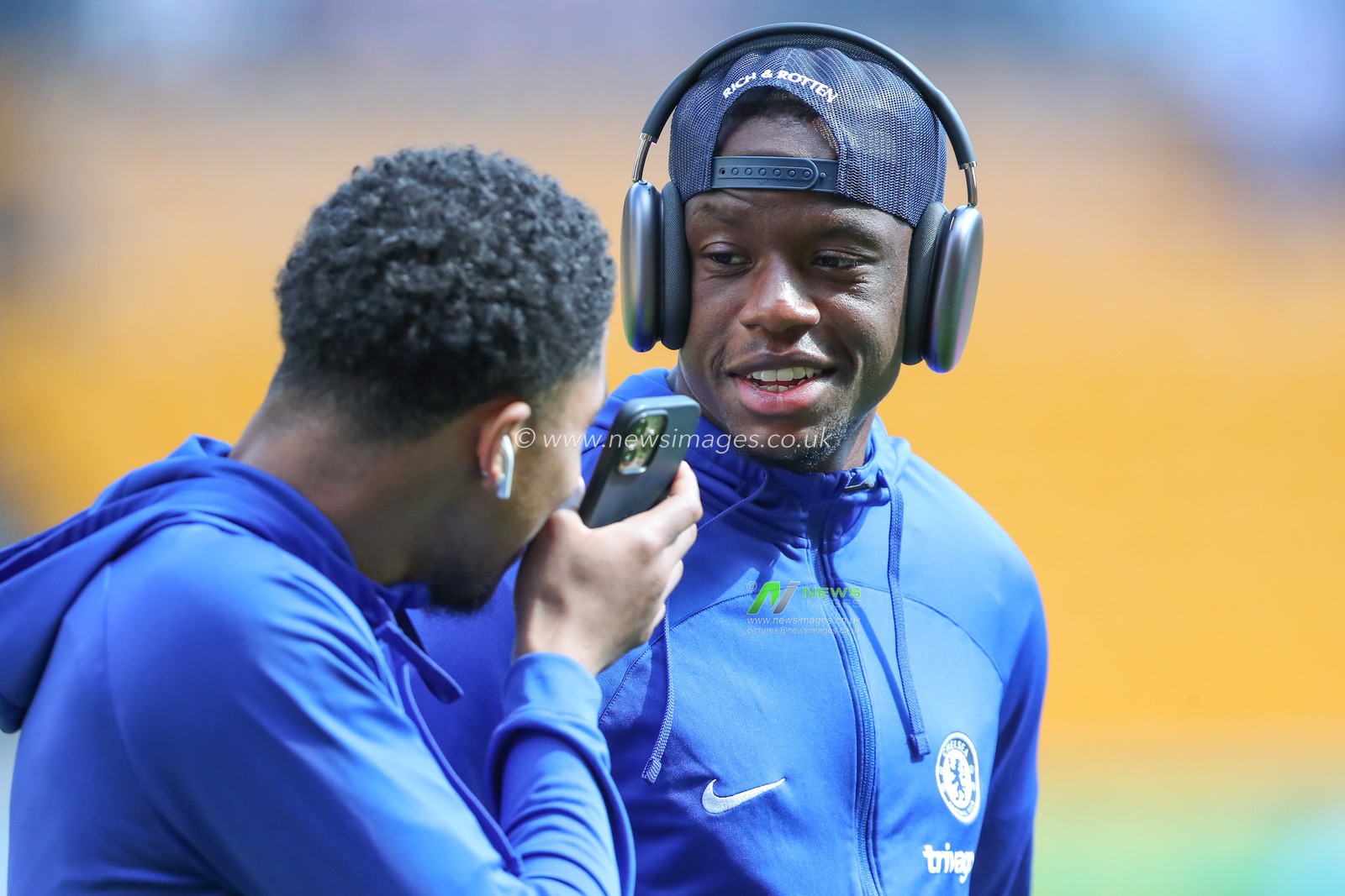 Denis Zakaria #20Â of Chelsea talks to Wesley Fofana #33Â of Chelsea upon arrivial ahead of the Premier League match Wolverhampton Wanderers vs Chelsea at Molineux, Wolverhampton, United Kingdom, 8th April 2023

(Photo by Gareth Evans/News Images)