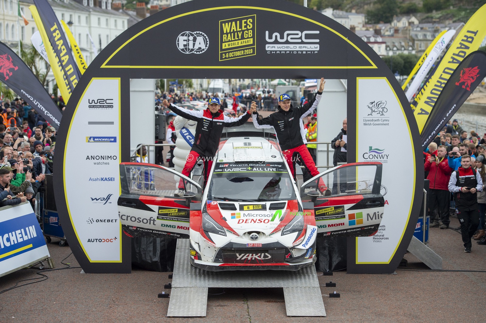 6th October 2019, Wales ; Wales Rally GB 2019 Podium: Rally Wales Winners Ott TANAK & Co Driver Martin JERVEOJA competing in the Toyota Yaris WRC for Toyota Gazoo Racing WRT celebrating on the podium in Llandudno 

Credit: Gareth Dalley/News Images